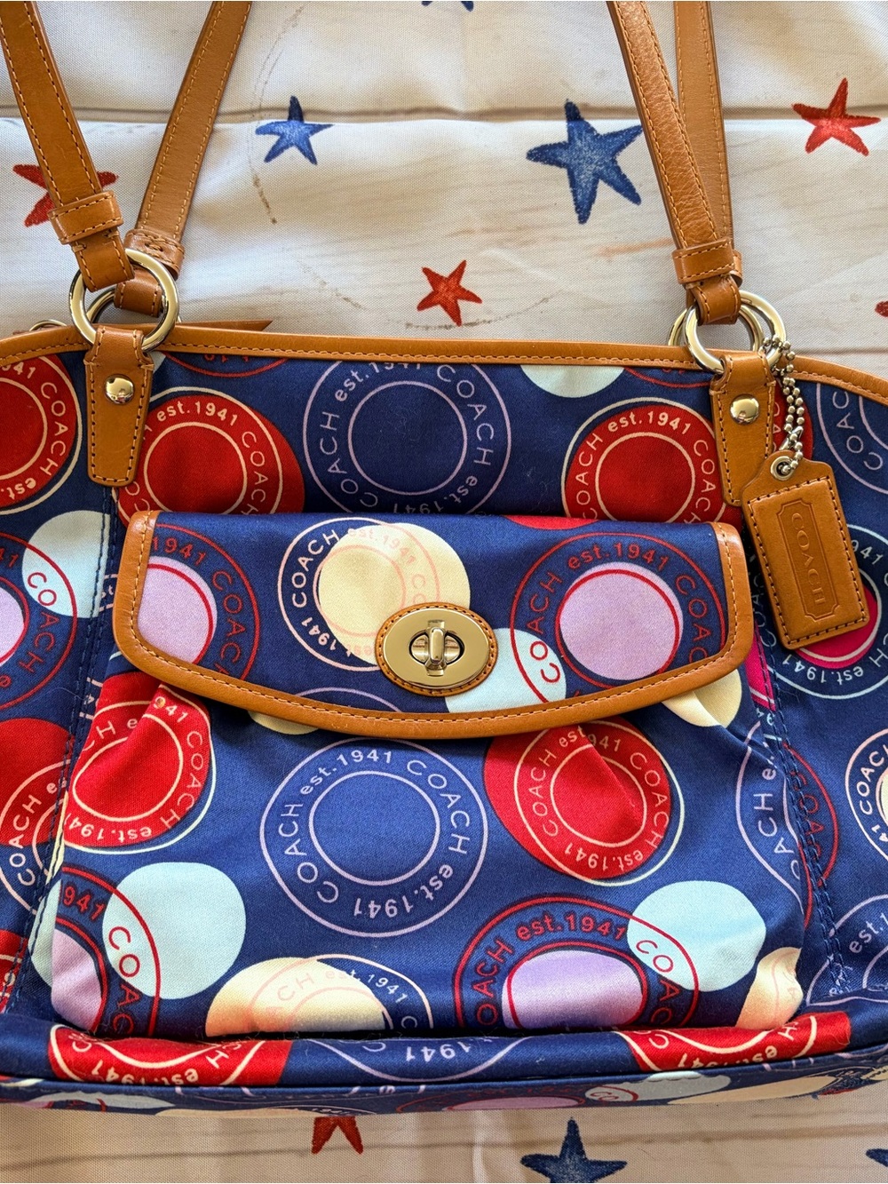 Coach Navy Multicolor Circle-Print Shoulder Tote with Tan Leather Trim